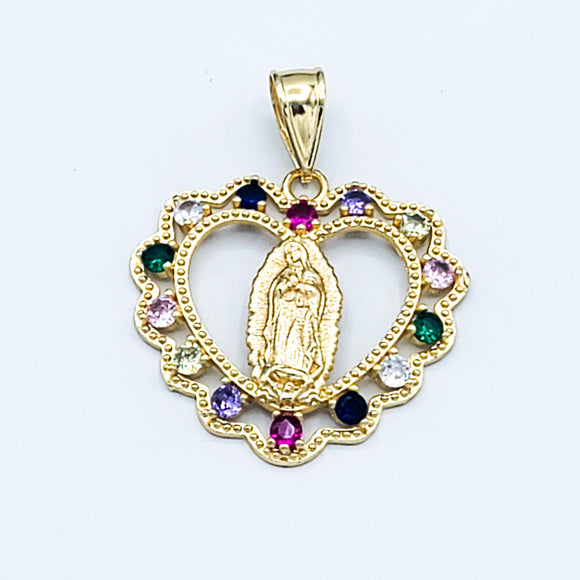 Pendants - 14K Gold Plated. Our Lady of Guadalupe - Heart. Multicolor Crystals.