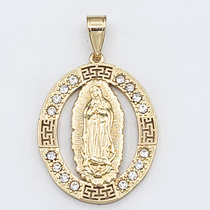 Pendants - 14K Gold Plated. Our Lady of Guadalupe - Oval. Clear Crystals.
