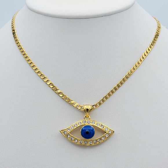Necklace - 24K Gold Plated. Blue Evil Eye Talisman & Cuban Chain.  *Premium Q*