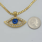 Necklace - 24K Gold Plated. Blue Evil Eye Talisman & Cuban Chain.  *Premium Q*