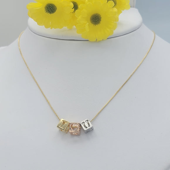 CLOSEOUT* Necklace - Tri Color Gold Plated. I Love You - Cubes. Premium Q.
