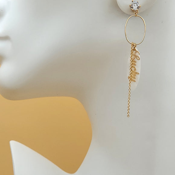 Earrings - 18K Gold Plated. Clear Crystals Lucky Shell Long Earrings. *Premium Q*