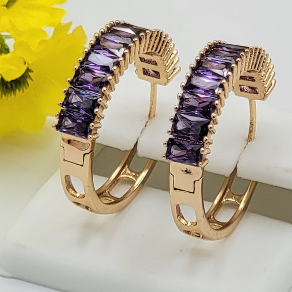 Earrings - 18K Gold Plated. Purple Crystals Hoops. *Premium Q*