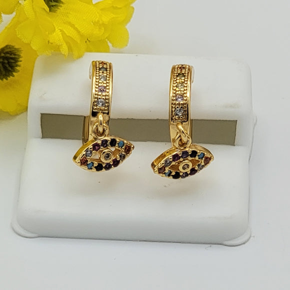 Earrings - 14K Gold Plated. Evil Eye multicolor crystals Dangle Hoops.