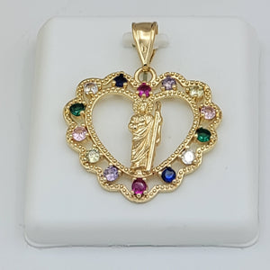 Pendants - 14K Gold Plated. Saint Jude - Heart. Multicolor Crystals. San Judas.