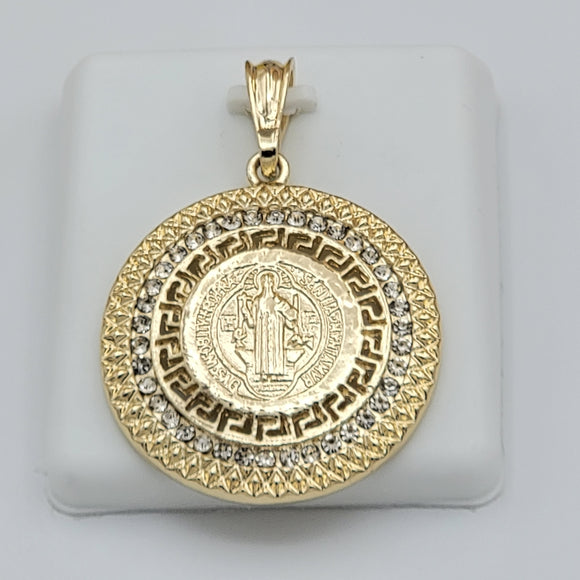 Pendants - 14K Gold Plated. Saint Benedict. San Benito. Clear Crystals.