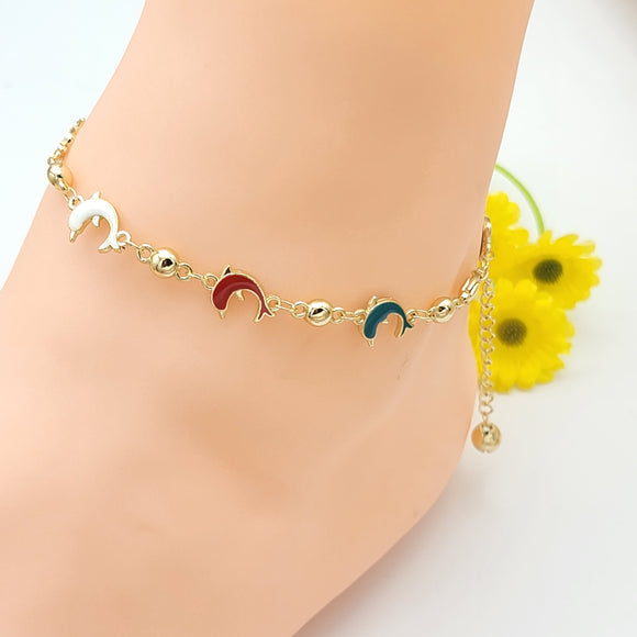 CLOSEOUT* Anklets - 14K Gold Plated. Multicolor Dolphins.