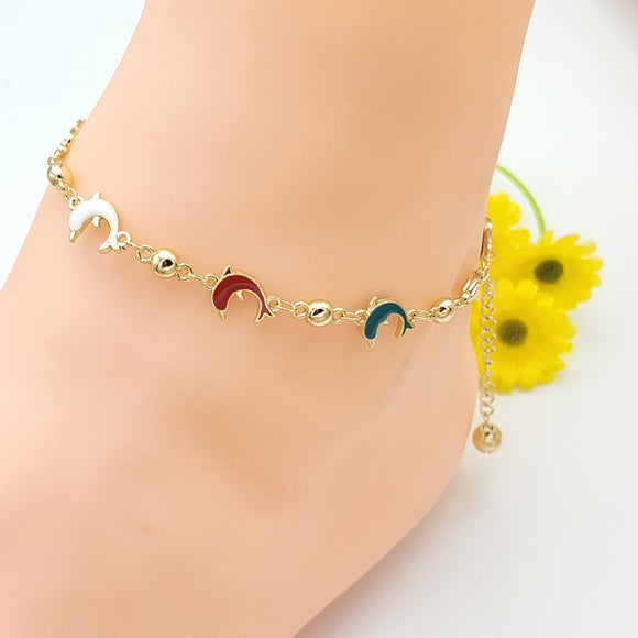 Anklets - 14K Gold Plated. Multicolor Dolphins.
