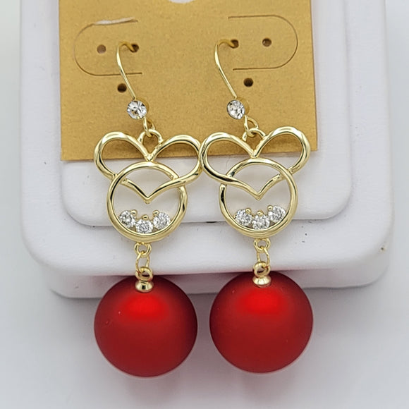 Earrings - 18K Gold Plated. Heart - Mouse Red Ball - Dangle *Premium Q*