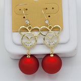 Earrings - 18K Gold Plated. Heart - Mouse Red Ball - Dangle *Premium Q*