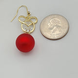 Earrings - 18K Gold Plated. Heart - Mouse Red Ball - Dangle *Premium Q*