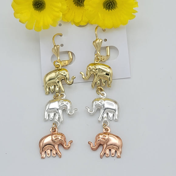 Earrings - Tri Color Gold Plated. Elephant Long Earrings.