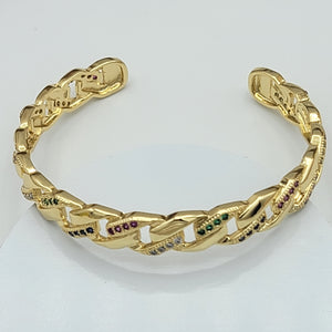 Bangles - 14K Gold Plated. Multicolor Crystals. Simulated Cuban Chain. Adjustable Bracelet.