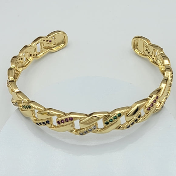 Bangles - 14K Gold Plated. Multicolor Crystals. Simulated Cuban Chain. Adjustable Bracelet.