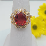 Rings - 18K Gold Plated. Ruby Color Crystal Flower Ring. *Premium Q*