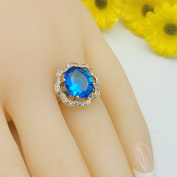 Rings - 18K Gold Plated. Blue Crystal Flower Ring. *Premium Q*