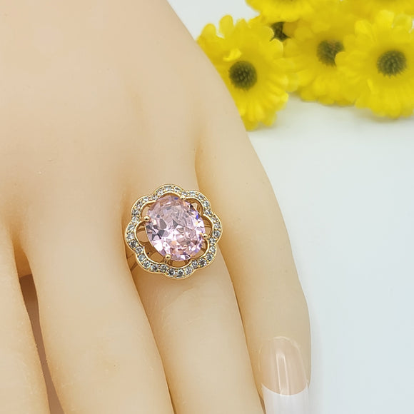 Rings - 18K Gold Plated. Pink Crystal Flower Ring. *Premium Q*