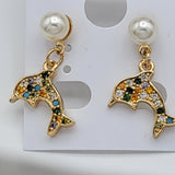 Earrings - 14K Gold Plated. Multicolor Crystals Dolphin.