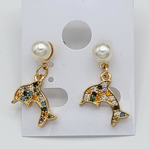 Earrings - 14K Gold Plated. Multicolor Crystals Dolphin.