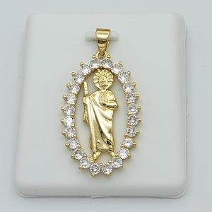 Pendants - 14K Gold Plated. Saint Jude Clear Crystals Oval. San Judas.