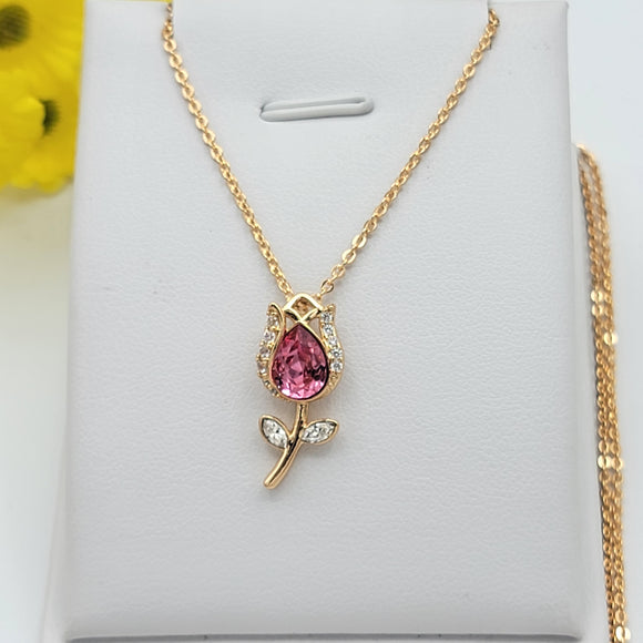 Necklace - 18K Gold Plated. Pink Flower with crystals. *Premium Q*