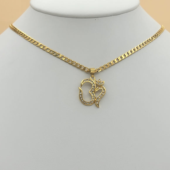 Necklace - 24K Gold Plated. Om AUM Yoga & Cuban Chain.  *Premium Q*