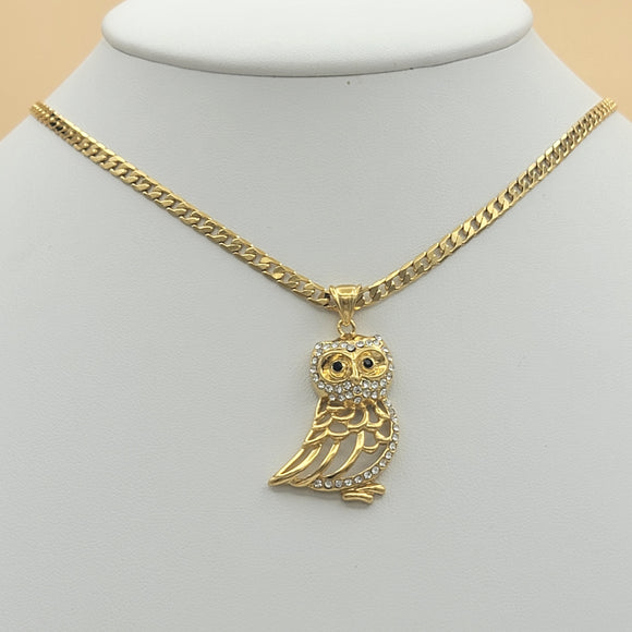 Necklace - 24K Gold Plated. Owl & Cuban Chain.  *Premium Q*