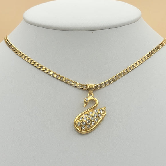 Necklace - 24K Gold Plated. Swan & Cuban Chain.  Cisne. *Premium Q*
