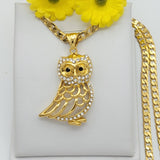 Necklace - 24K Gold Plated. Owl & Cuban Chain.  *Premium Q*