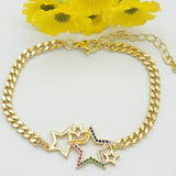 Bracelets - 14K Gold Plated. Stars. Multicolor crystals. Curb link chain.