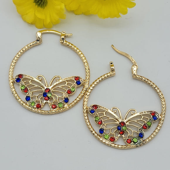 Earrings - 14K Gold Plated. Butterfly Hoops. Multicolor crystals.
