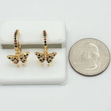 Earrings - 14K Gold Plated. Multicolor Butterfly Dangle Hoops.