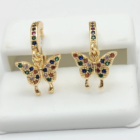 Earrings - 14K Gold Plated. Multicolor Butterfly Dangle Hoops.