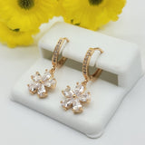 Earrings - 18K Gold Plated. Clear crystals Flower Dangle Hoops.