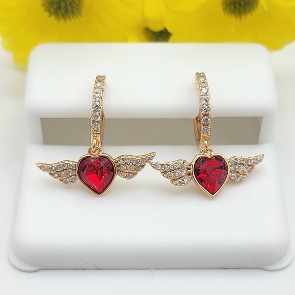 Earrings - 18K Gold Plated. Red Heart with Icy Wings Hoops. *Premium Q*