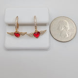 Earrings - 18K Gold Plated. Red Heart with Icy Wings Hoops. *Premium Q*