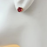 Earrings - 18K Gold Plated. Solitaire Stud Earrings. Red 6mm CZ.  *Premium Q*