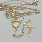 Rosary - Tri Color Gold Plated. Saint Benedict. Round Tri Color Crystals.
