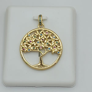 Pendants - 14K Color Gold Plated. Life Tree Multicolor Crystals.