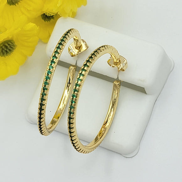 CLOSEOUT* Earrings - 14K Gold Plated. 2mm thickness Hoops. Green Crystals.