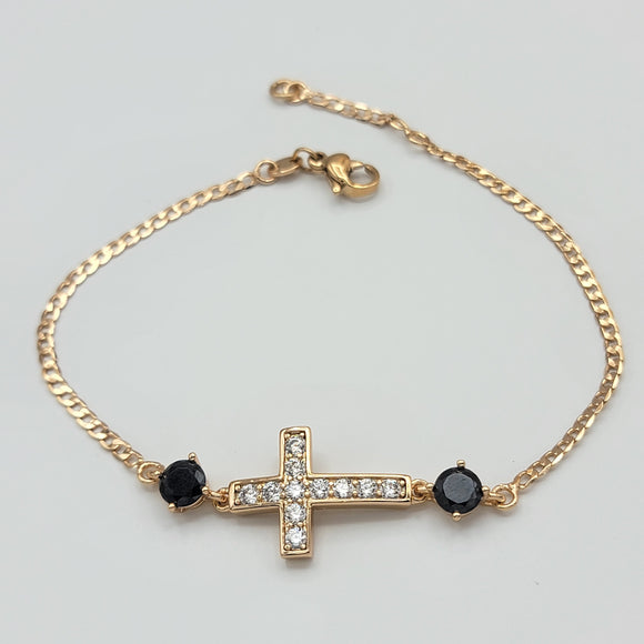Bracelets - 18K Gold Plated. Black Crystals Cross. *Premium Q*