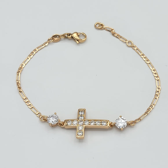 Bracelets - 18K Gold Plated. Clear Crystals Cross. *Premium Q*