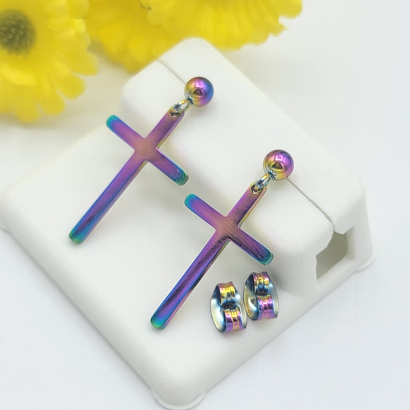 CLOSEOUT* Earrings - Stainless Steel. Cross Stud Earrings. Rainbow Color *Premium Q*