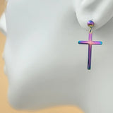 CLOSEOUT* Earrings - Stainless Steel. Cross Stud Earrings. Rainbow Color *Premium Q*