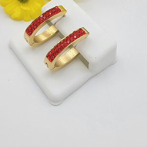 Earrings - Stainless Steel. 14K Gold Plated. Red Crystal Hoops. *Premium Q*