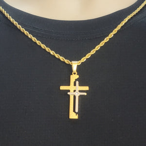 Necklace - Stainless Steel. Two colors. Double Cross Pendant & Chain. *Premium Q*