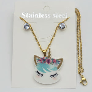 Sets - Stainless Steel - Gold Plated. Unicorn Set: Necklace - Earrings