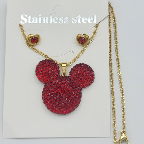 Sets - Stainless Steel - Gold Plated. Red Mouse Set: Necklace - Earrings