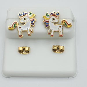 Earrings - Stainless Steel. Gold Plated. Rainbow Unicorn. 13mm.