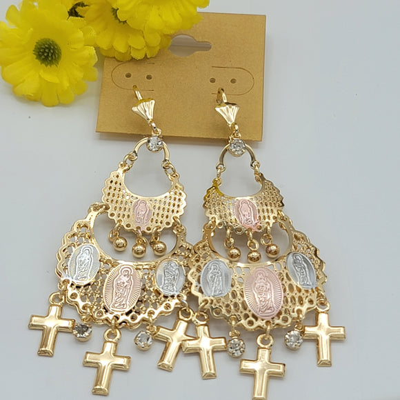 Earrings - Tri Color Gold Plated. Our Lady of Guadalupe - Cross.  Chandelier